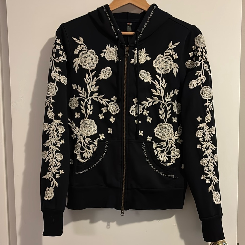 Free People Black Hoodie with White Floral Embroidery